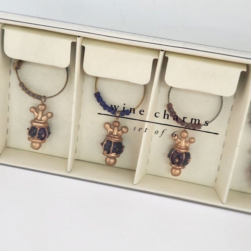 Pier 1 Crown Wine Glass Charms Multi-color Jewel & Gold Tone 6 pc Sealed READ
